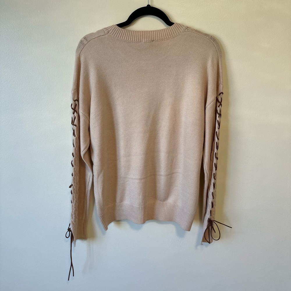 Hem & Thread Beige Sweater with Lace-Up Sleeve - Picture 4 of 4